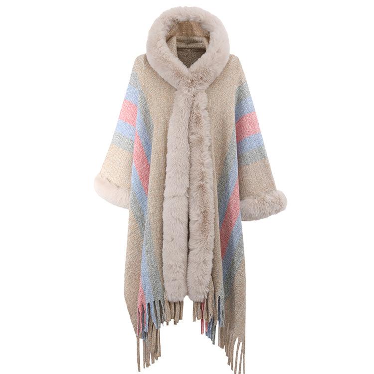 Hooded Rabbit Fur Collar Shawl Cape Plus Size Knitted Hooded Cardigan Loose Coat