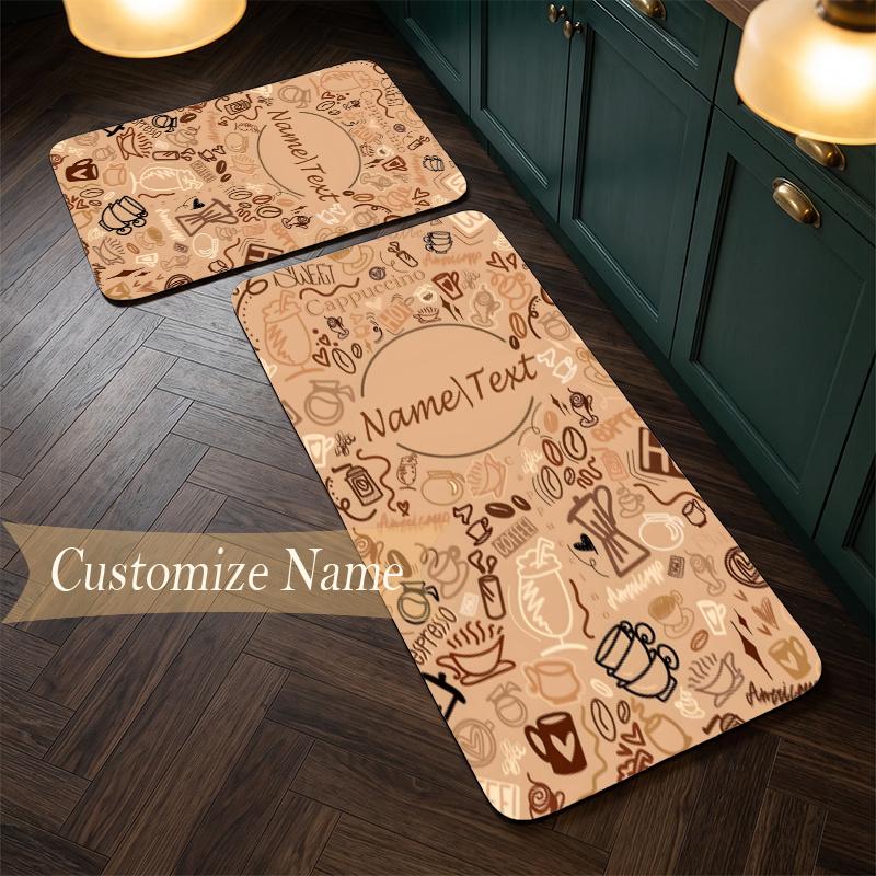 Cozy Coffee (5) Customize Name Flannel Kitchen Mat Soft Non-Slip Kitchen Floor Runner Rug for Home Kitchen Decor