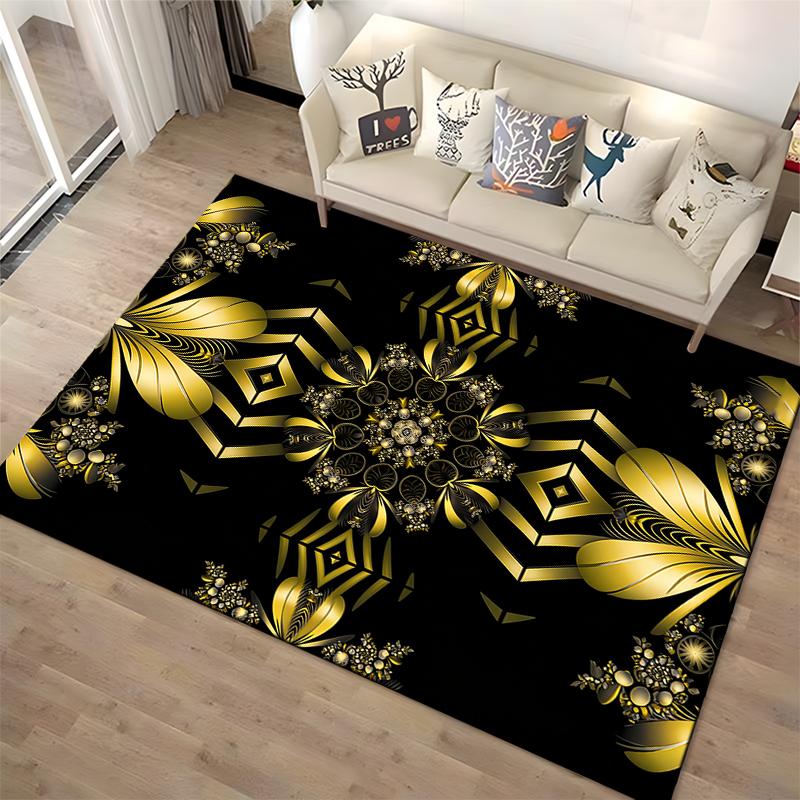 Black and Gold Geometric Pattern Carpet with Floral Mandala Design Suitable for Use As an Anti-slip for Living Room Bedroom Sofas