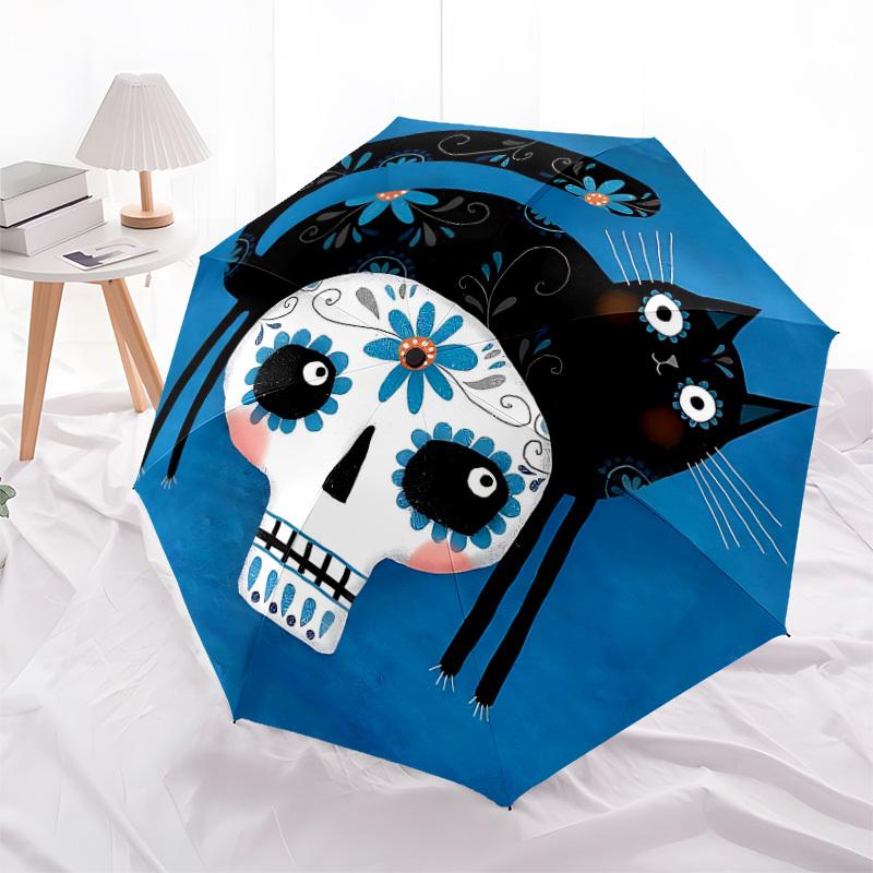 1PC Sugar Skull Cat Auto Folding Umbrella - Compact 8-Rib Design, Durable Plastic & Iron, Lightweight for Outdoor Daily Use097