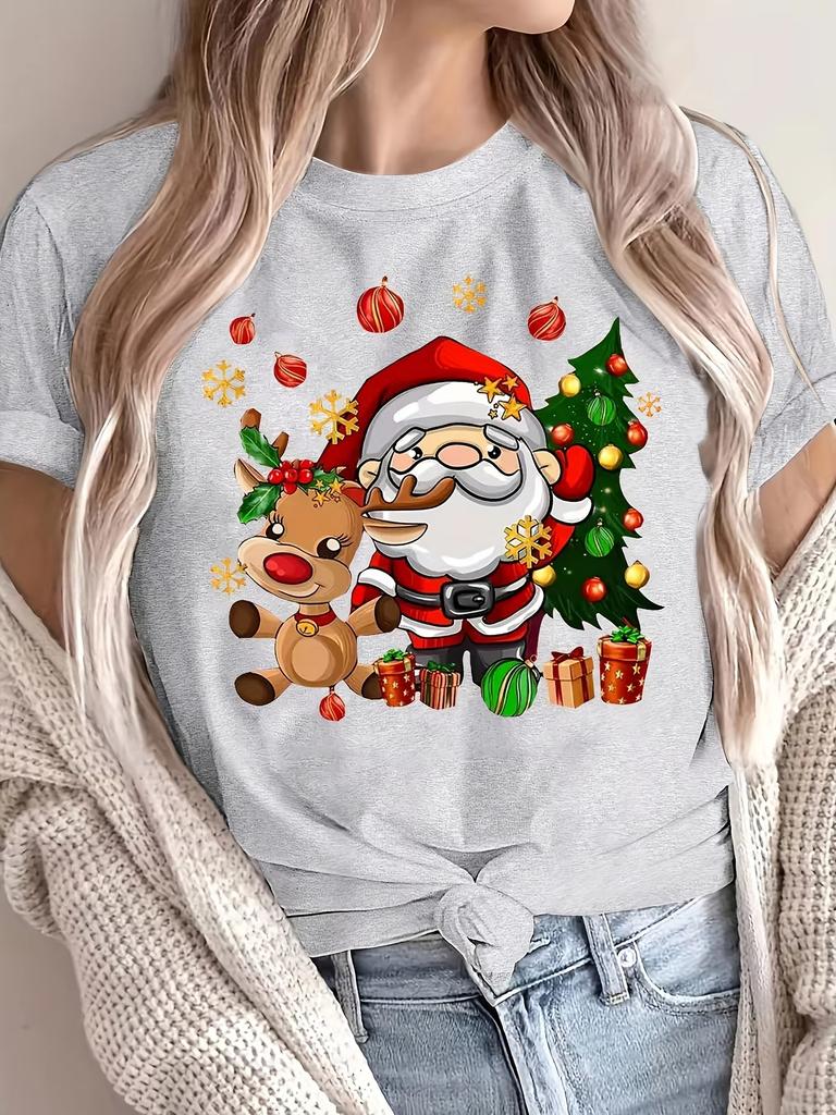 Christmas Santa and Reindeer Print Crew Neck TShirt Harajuku Sleeve Womens Tshirt Clothing Street Tops Tees Aesthetic Clothes