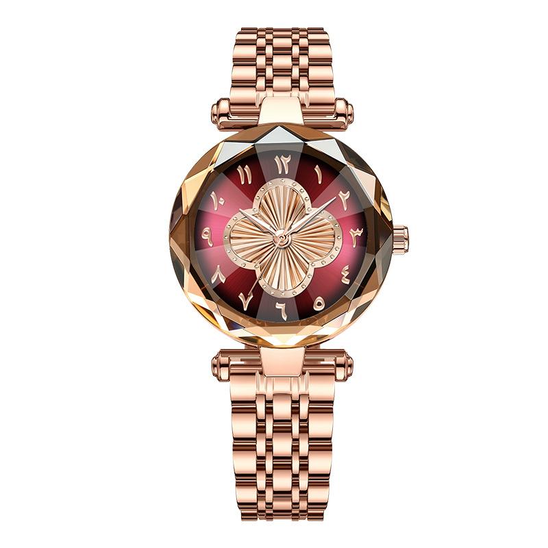 Orologio da Polso da Donna al Quarzo Quadrifoglio Vetro Sfaccettato Bracciale in Acciaio Inossidabile Orologio da Polso Moda Numeri Arabi Orologio Elegante