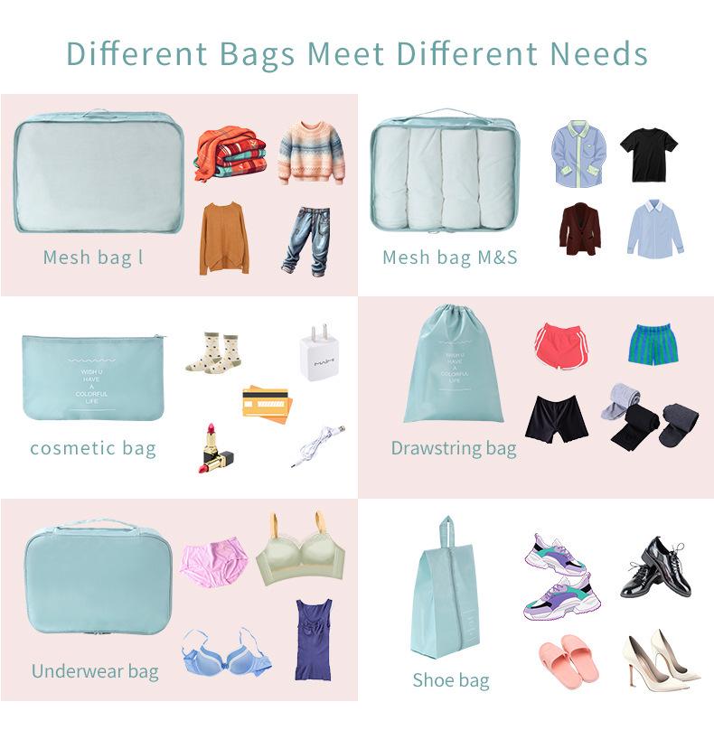 Twill 8-piece Multi-purpose Travel Storage Bag Set for Clothes & Toiletries