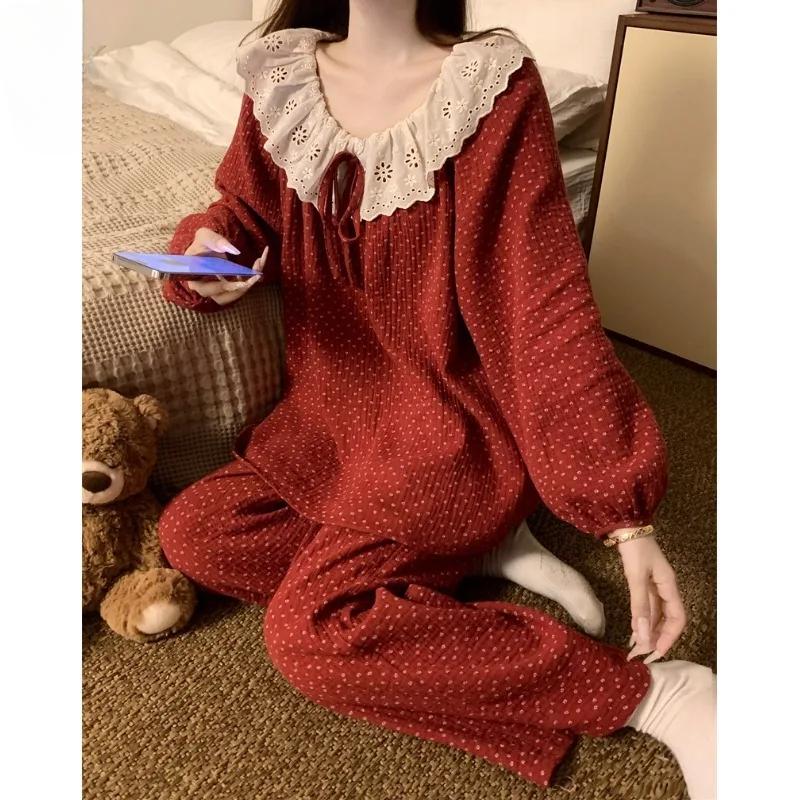Piżama damska na wiosnę i jesień, wersja koreańska, słodka koronka z motywami kwiatowymi, czysta bawełna gaza, z długim rękawem