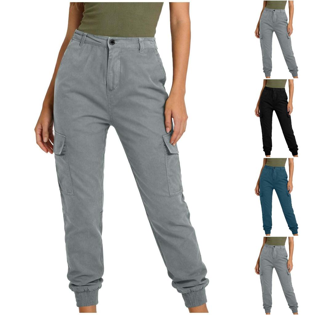 Women Elastic High Waist Pant Casual Fit Wide Leg Long Pants Trousers With Pockets