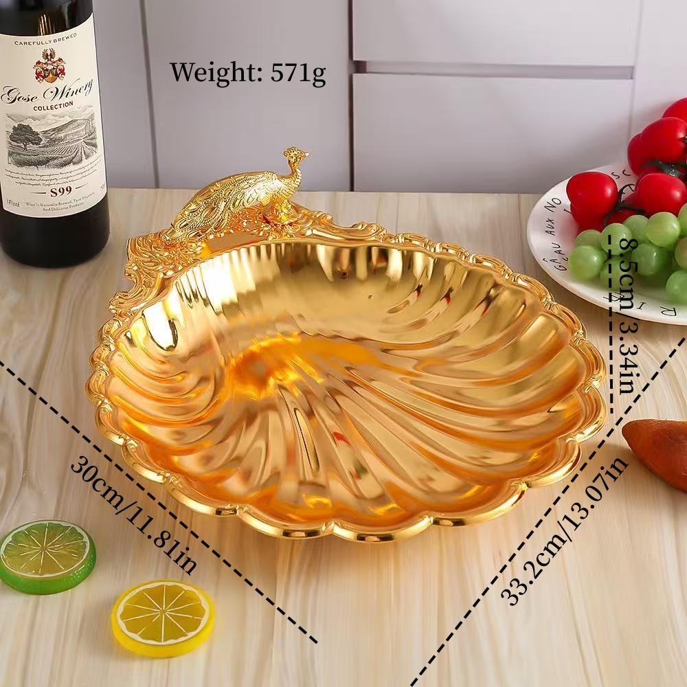 Multiple Sizes Peacock Shape Fruit Tray,Retro Alloy Engraving Shell Texture Home Cheese Food Plate,Snack Disc Table Decoration