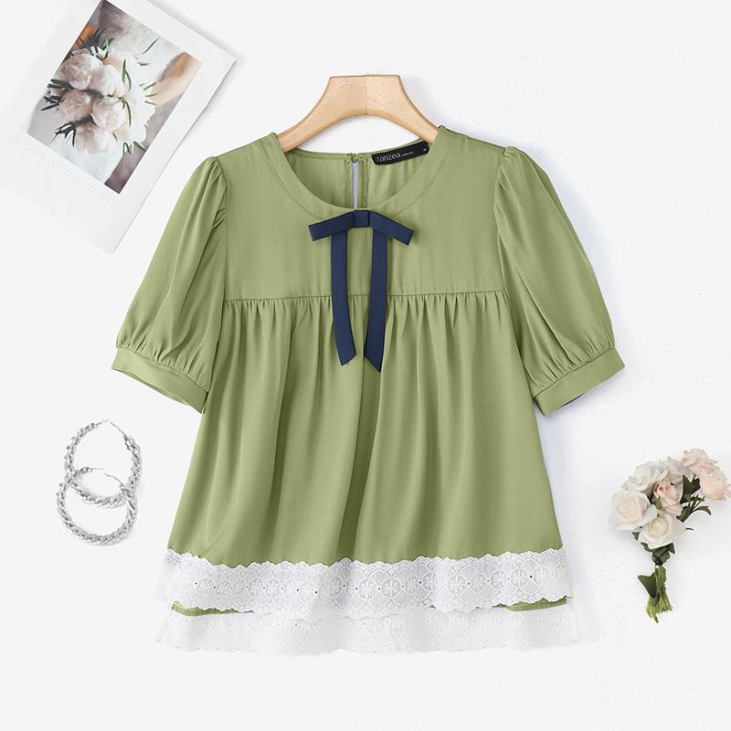 ZANZEA Women Casual Round Neck Summer Short Sleeve Lace Splice Blouse