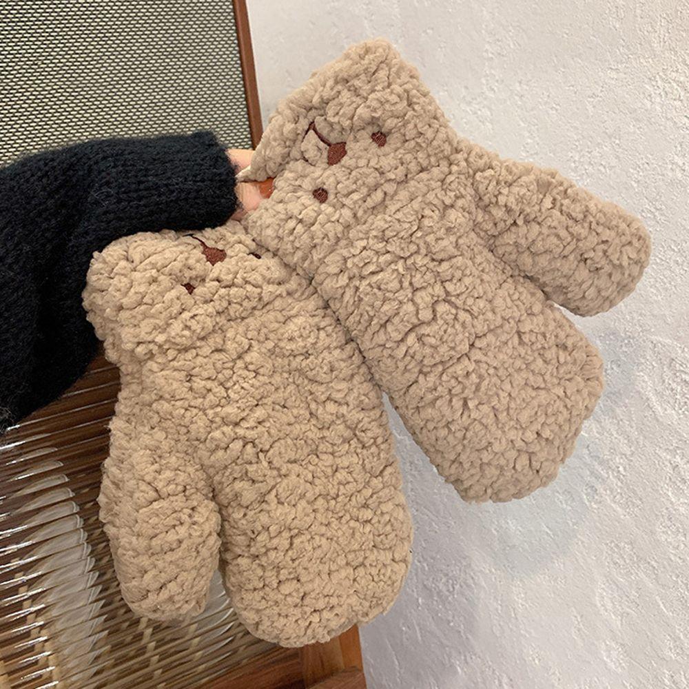 Cute Thicken Plush Windproof Full Fingers Bear Korean Mittens Hanging Gloves Women Winter Gloves