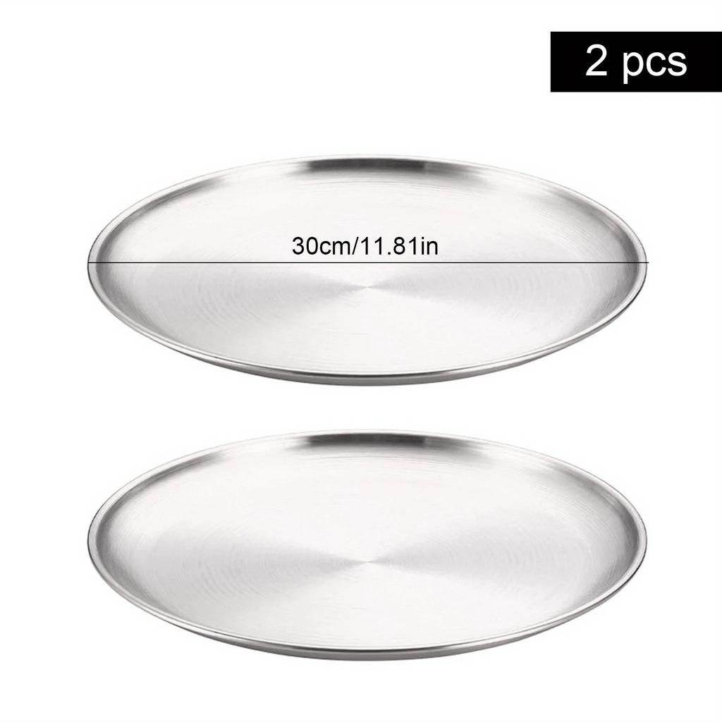 2Pcs Stainless Steel Round Plate Bone Spitting Dish Shallow Tray Metal Camping Plate Dining Disc BBQ Picnic Dishes Cookware