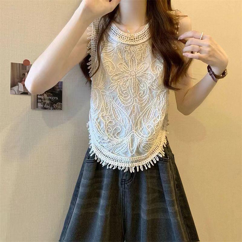 Niche Hollow-out Crocheted Knitted Camisole Women's Summer Tassel Short Sleeveless Tank Designed Top