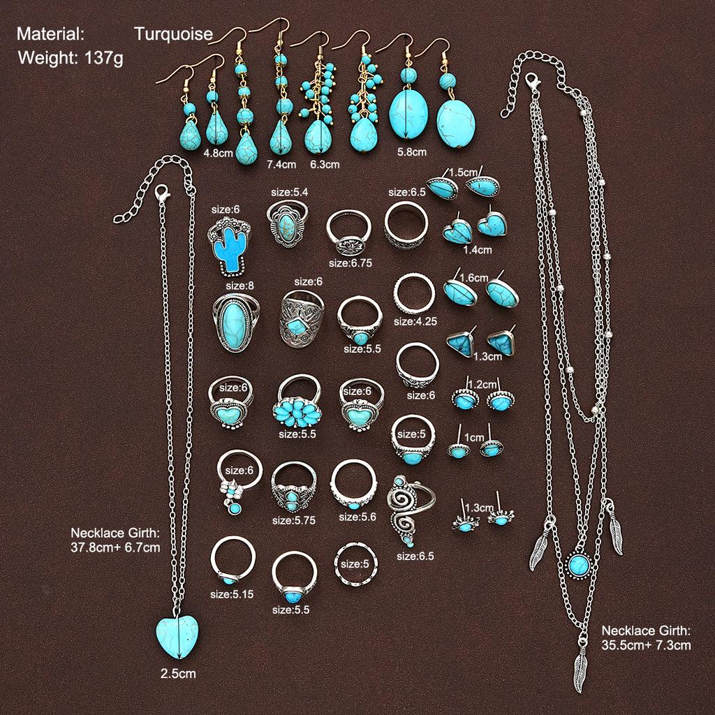 Set de Joyería Bohemia de Turquesa de 44 Piezas para Mujer Vintage Set de Pendientes Anillo Collar de Girasol Corazón Joyería de Turquesa Natural Regalo