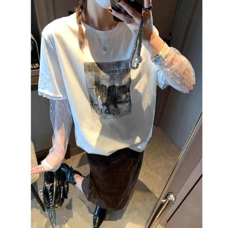 Mochie Spring Lace Patchwork Two-Piece Look Round Neck Printed Loose Slimming Long Sleeve T-Shirt