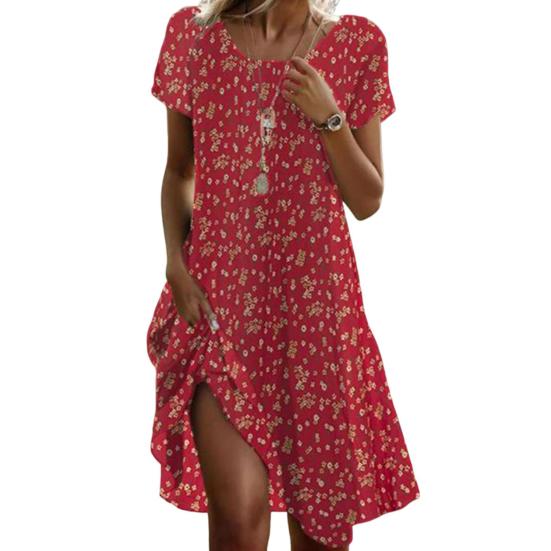 Damenkleid mit Punktemuster, Rundhalsausschnitt, kurze Ärmel, A-Linie, lockerer ethnischer Stil, großer Saum, Alltagskleidung, Freizeit