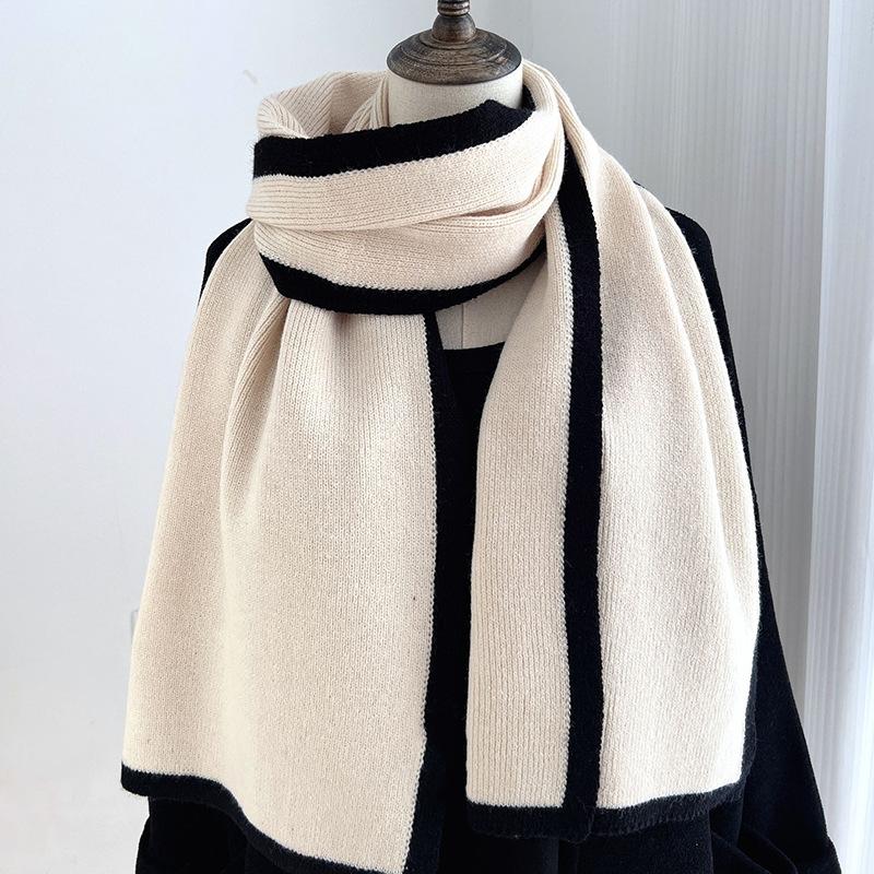 Black and White Color Matching Scarf Winter New Knitted Wool Girls Scarf