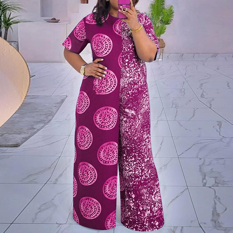 

Женские комбинезоны больших размеров с круглым вырезом и короткими рукавами в горошек, длинные, широкие 5XL темно-розовый