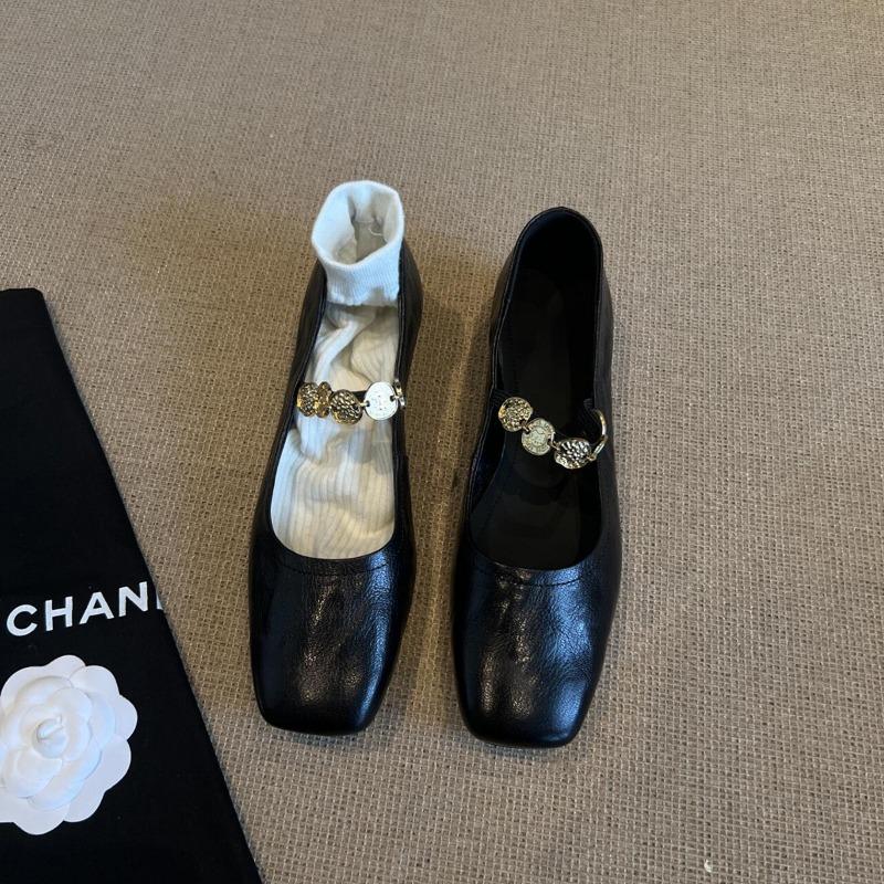 

Sheepskin version~ retro gold coin black small leather shoes with light mouth square head low heel Mary Jane single shoes women 40