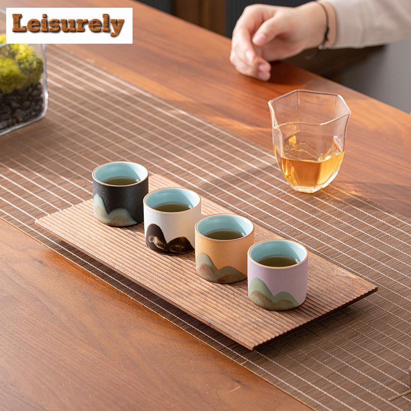 4pc/set Handdrawn Mountain Tea Cup Japanese Coarse Pottery Master Cup Meditation Cup Chazhan Set of Cups Water Jug Gift Box Set