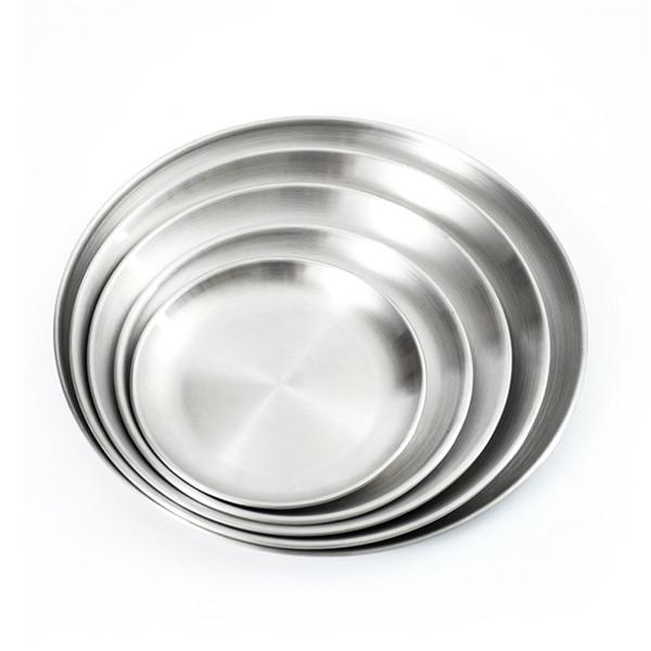 Reusable 304 Stainless Steel Dinner Plates, Heavy-Duty Metal Round Dishes Flat Feeding Serving Plate - Tableware