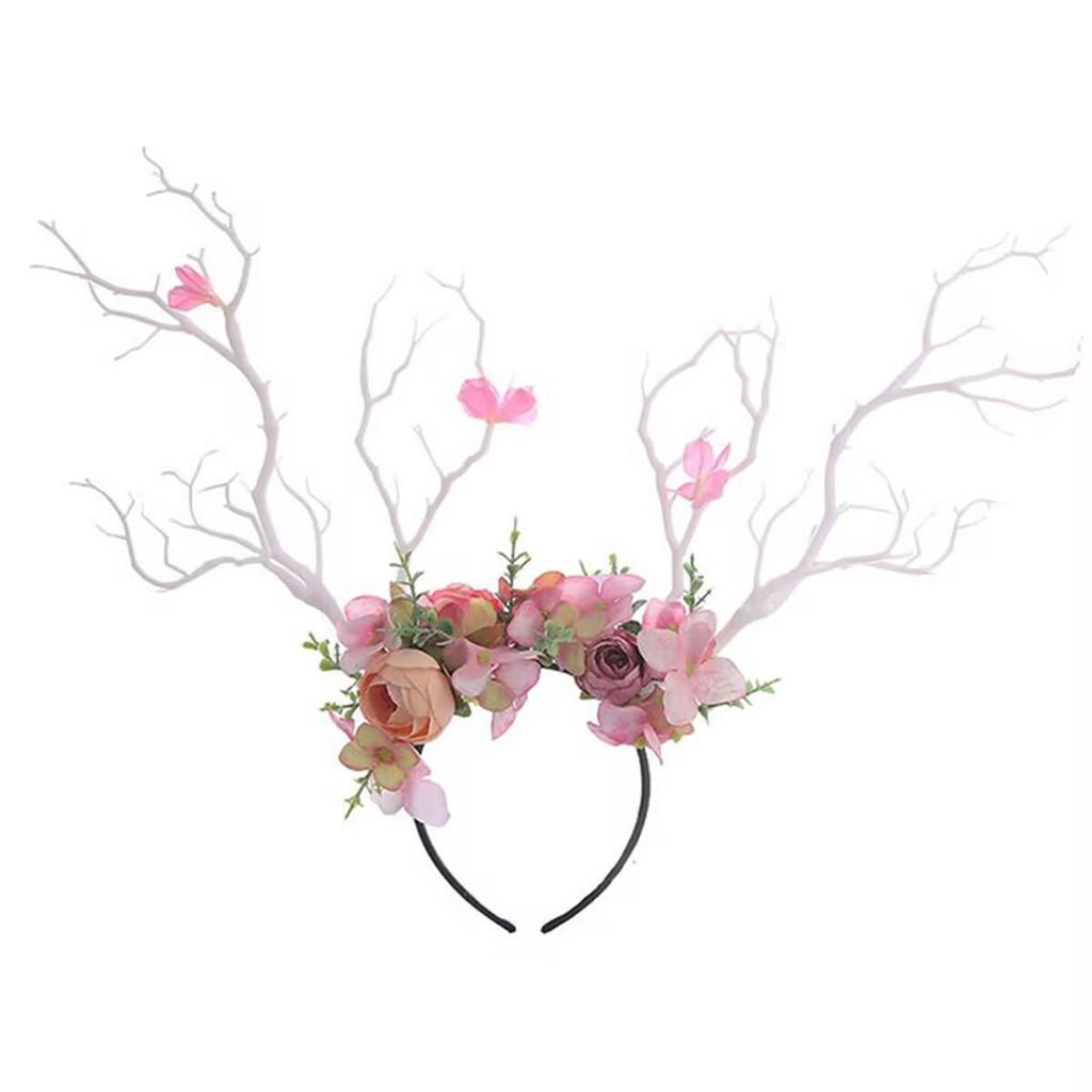 Diadema Exagerada Estilo Mori con Flores y Astas para Niños, para Fotos y Actuaciones