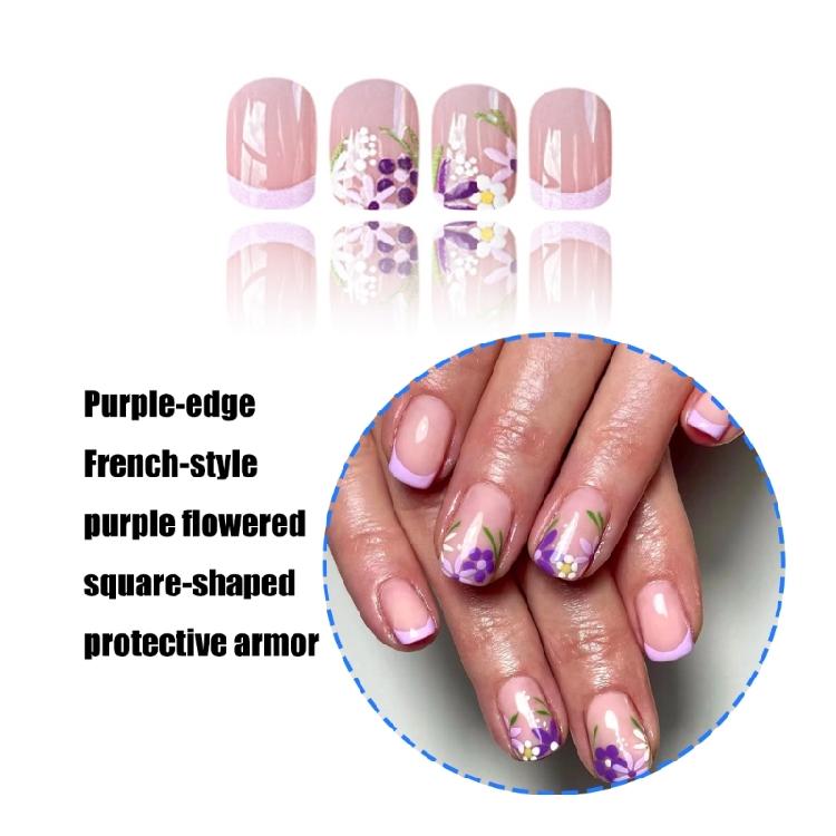 24 Stück Kurze Quadratische Falsche Nägel Bunte Blumen Press On Nägel French Tip Acrylnagel Glänzend Vollabdeckung Aufkleber Nägel