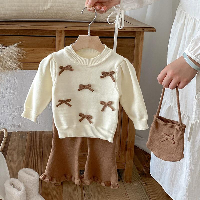 0-24M Baby Girls Knit Suit Fashion Baby Girls Clothing Sets Bow Knit Sweater+Bell-Bottoms Suit 2PCS Infant Girls Knit Tracksuits