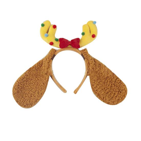 Dog Antler Headband Christmas Pet Costume Hairband Adjustable Headband with Bow Floppy Ears for Medium Large Dogs Holiday Party Dress-up