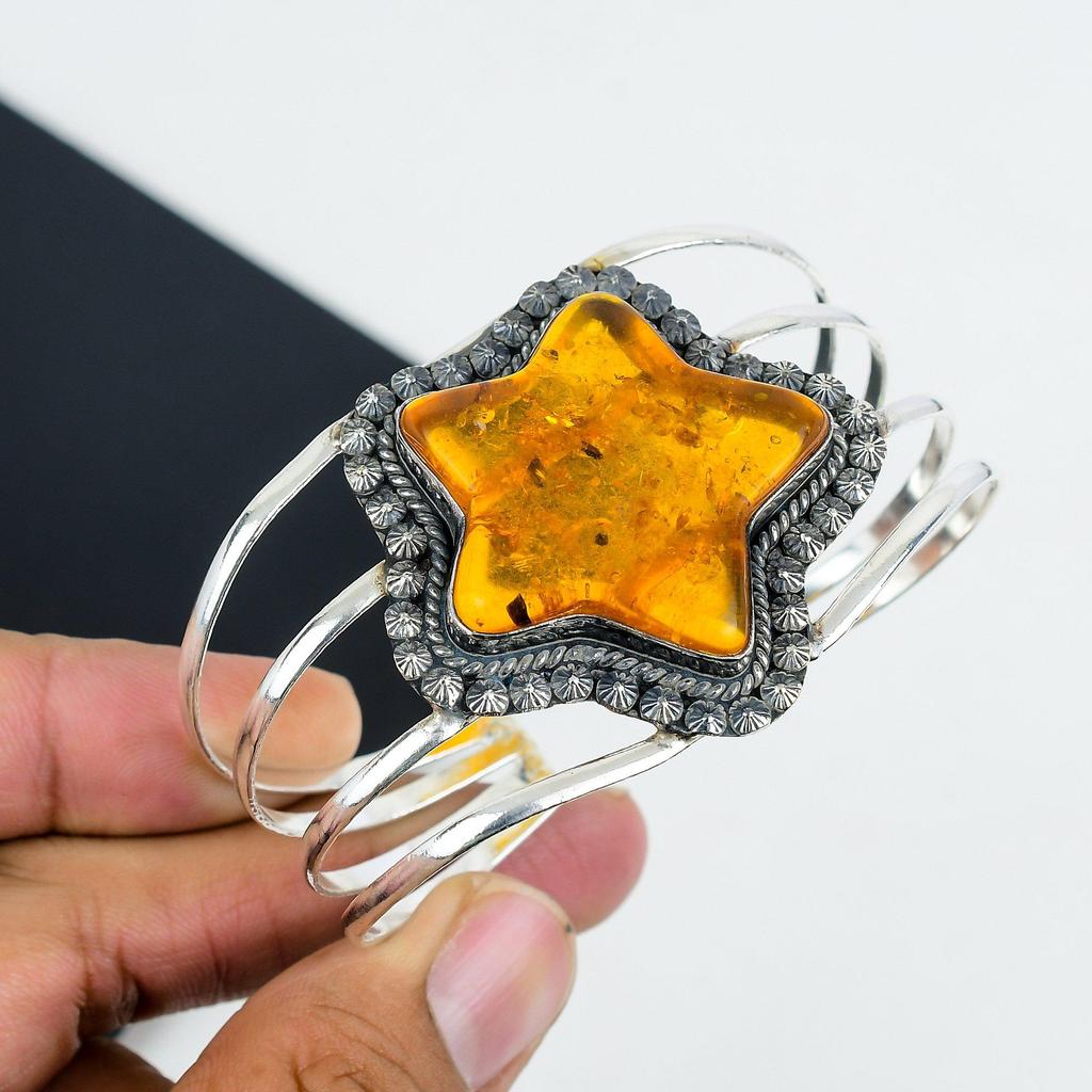 Natürlicher Bernstein Sternform Edelstein Handgefertigt 925 Sterlingsilber Armreif, Bernstein Sternform Armreif, Für Ehefrau, Unisex Armreif, Geschenke für die Liebe