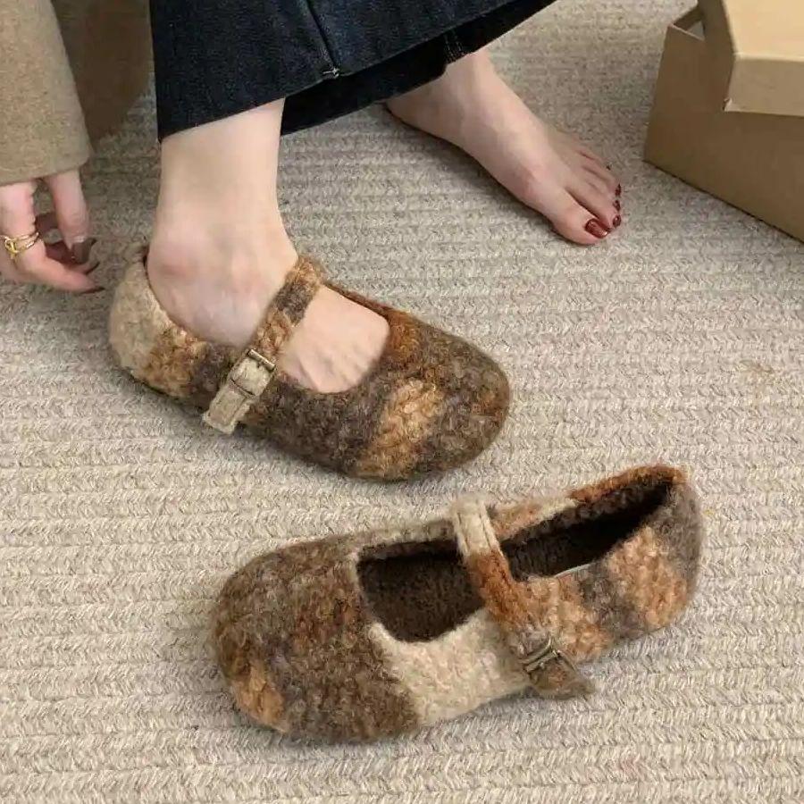 Fashion IPPEUM Mary Janes Shoes Women Winter Ballet Flats Buckle Plush Ballerinas Zapatos Mujer