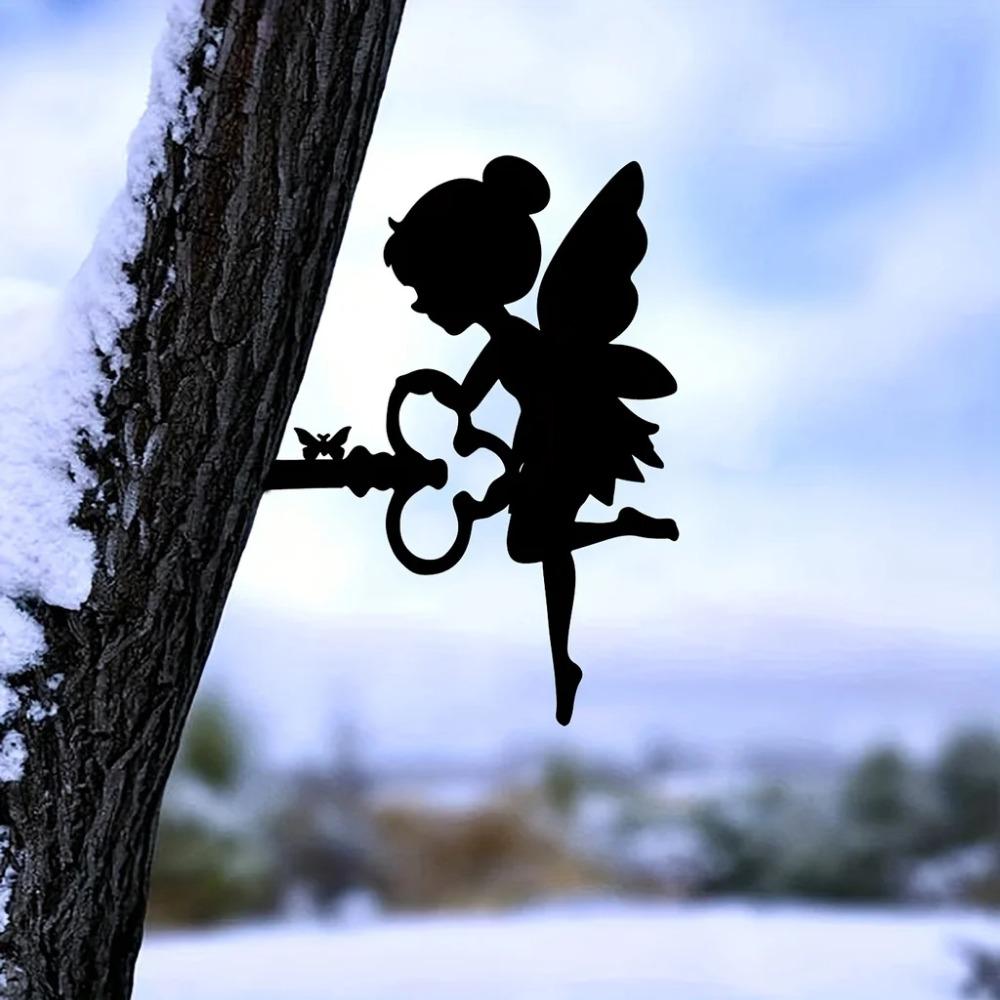 1 Stück Erhöhen Sie Ihr Zuhause mit einer bezaubernden Elfe auf einem Ast, Stahlsilhouette, Metall-Wandkunst-Statue, Pfahl
