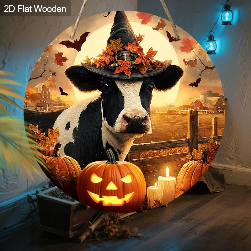 2D Flat 1pc Wooden Halloween Vintage Decorative Sign,Cow with Witch Hat and Pumpkin Pattern Design, Wall Hanging Decor,Ideal Halloween Festive Gift