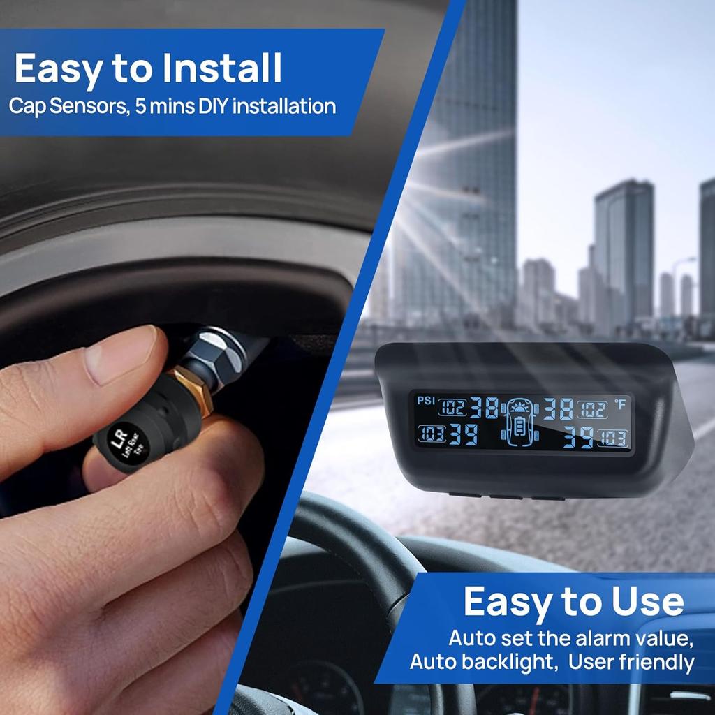 Tire Pressure Monitoring System, RV/Trailler TPMS With Solar Charging & Auto Calibration, M13 LCD Display Tpms 4 Sensors (0-87PSI)