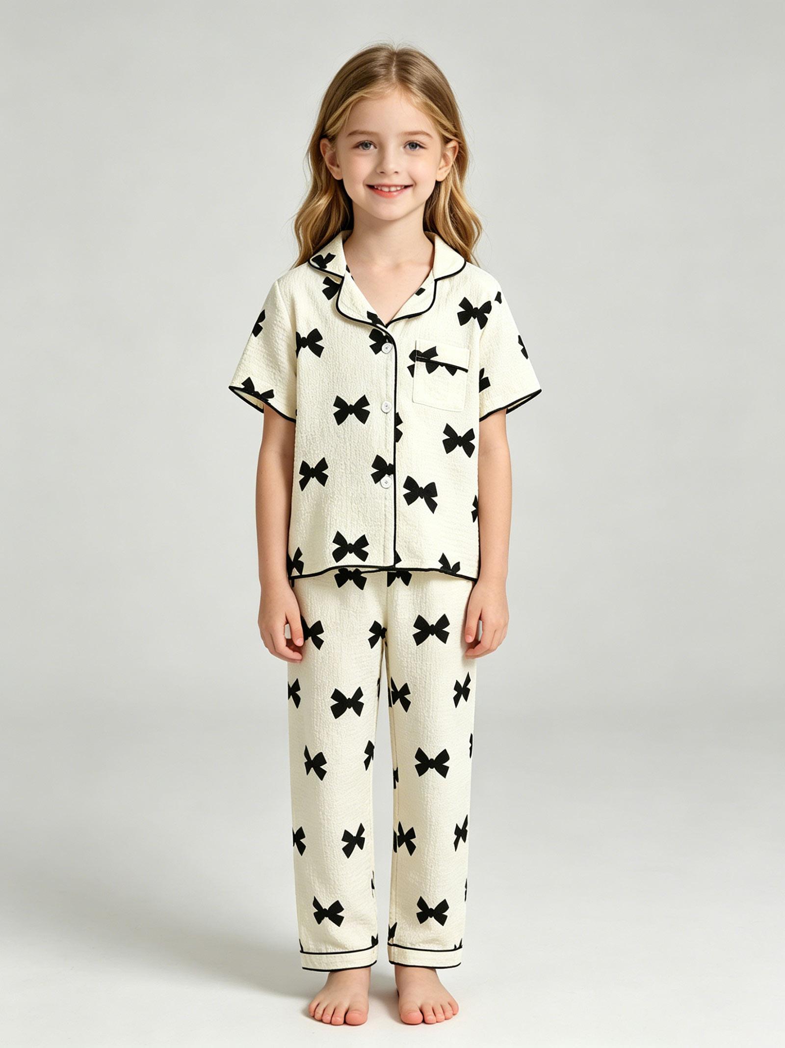 Girls Bow Print Pajama Set 2 Piece Short Sleeve Top & Long Pants Soft Breathable Sleepwear Loungewear for Kids 4-7 Years 4Y жёлтый