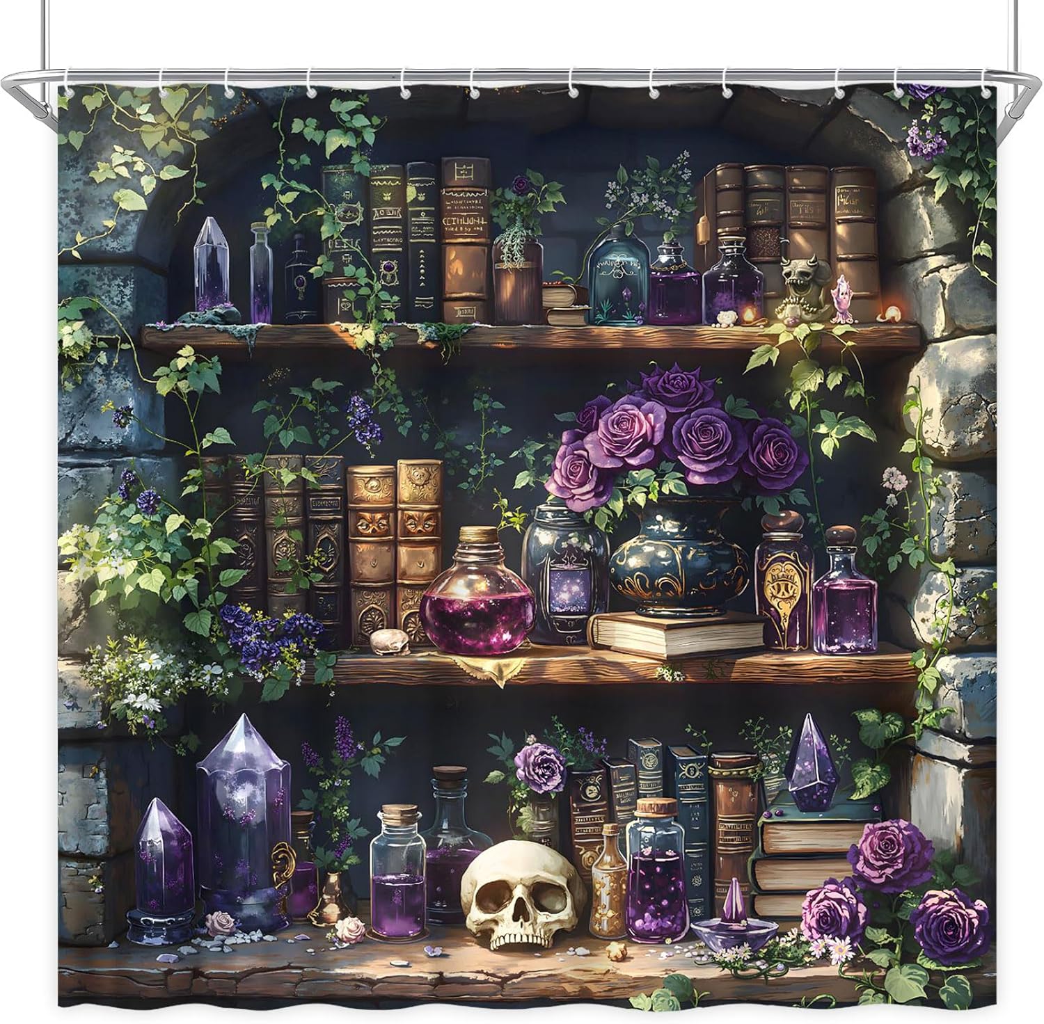 

Gothic Bookshelf Shower Curtain Antique Stone Wall Spooky Skull Magic Wizard Bookcase Purple Rose Floral Bottle Green Vine W60H190(CM)-1 Pcs