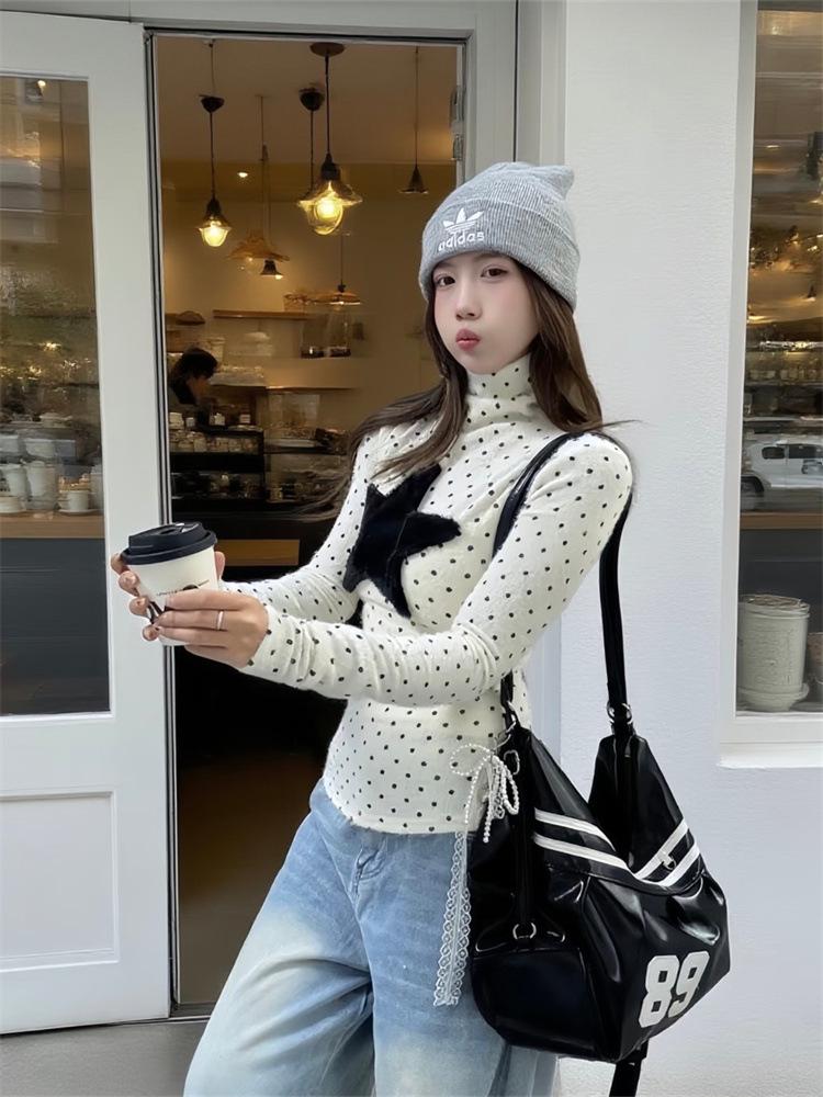 Women's American Retro Polka Dot High Neck Long Sleeve T-shirt - Korean Style Sweet Age-Reducing Collar Base Layer Top for Autumn/Winter