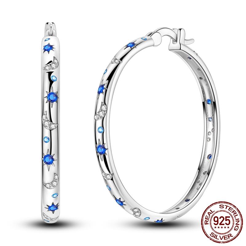 Luminous Shell Women Earrings Original 925 Sterling Silver Pave CZ Star Moon Hoop Earrings Engagement Wedding Jewelry