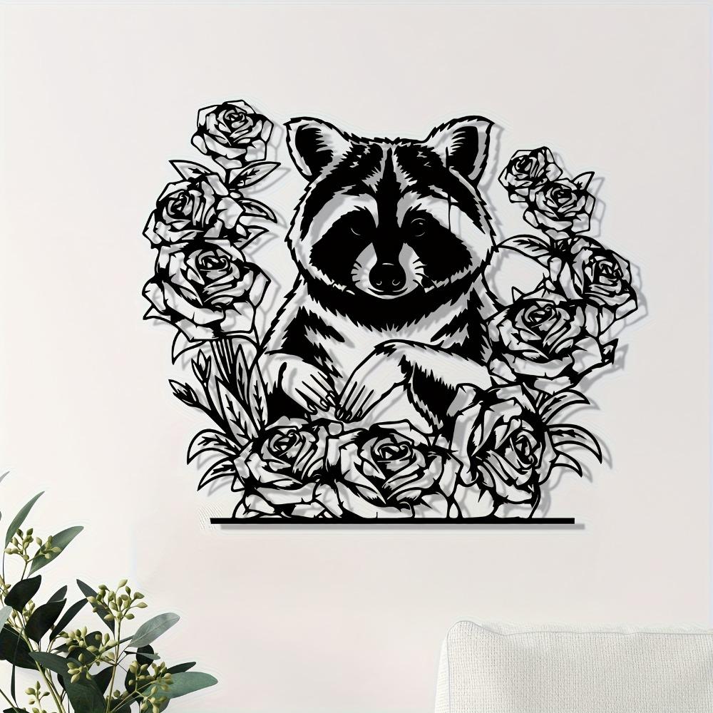 Rustproof Metal Wall Art Raccoon and Rose Sculpture Indoor Outdoor Decor Valentine Wedding Gift