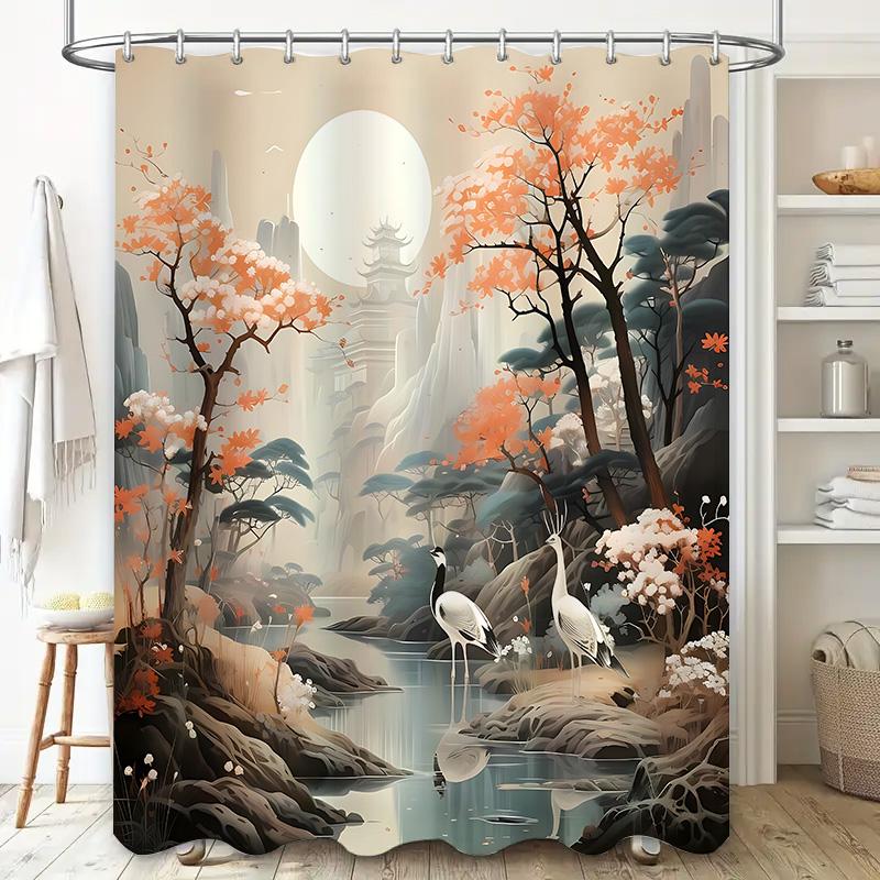 

Elegant Autumn Landscape Shower Curtain Chinese Architecture Watercolor Painting Style Moisture-Resistant Perfect For Home Decor W60H190(CM)-1 Pcs
