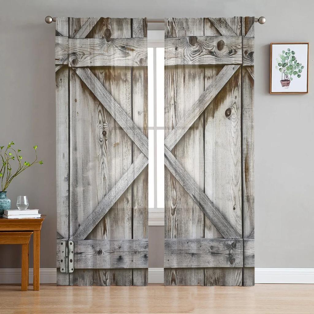 Wooden Door Artistic Texture Classic Vintage Transparent Curtains Living Room Window Panel Soft Tulle Curtains For Bed Chamber Cooking Area Home