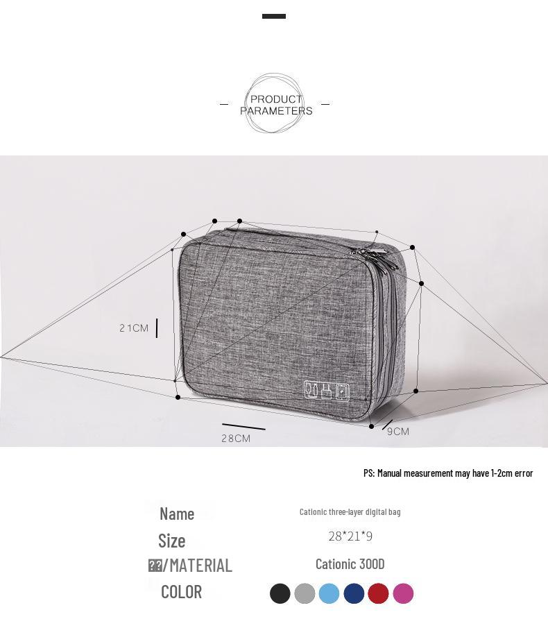 Three-Layer Waterproof Digital Organizer Bag - Cationic Polyester Cable Storage Bag
