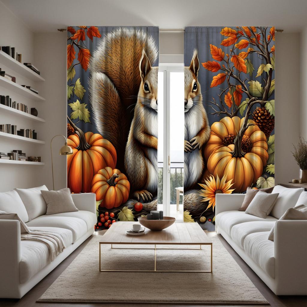 2pcs HD Autumn Harvest Festival Pumpkin Squirrel Pine cone decorative curtain Yellow tie digital printed curtain Home Decor s