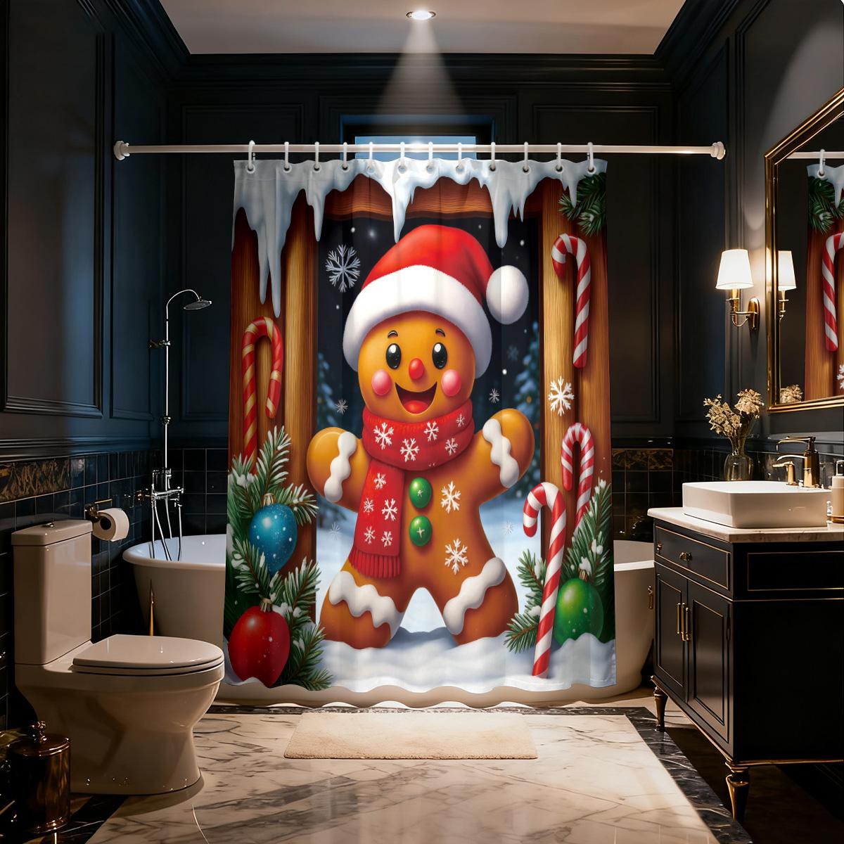 

1Pc Merry Christmas Gingerbread Printed Waterproof Shower Curtain With 12 Hooks, Available In Various Sizes And Machine Washable W60H190(CM)-1 Pcs