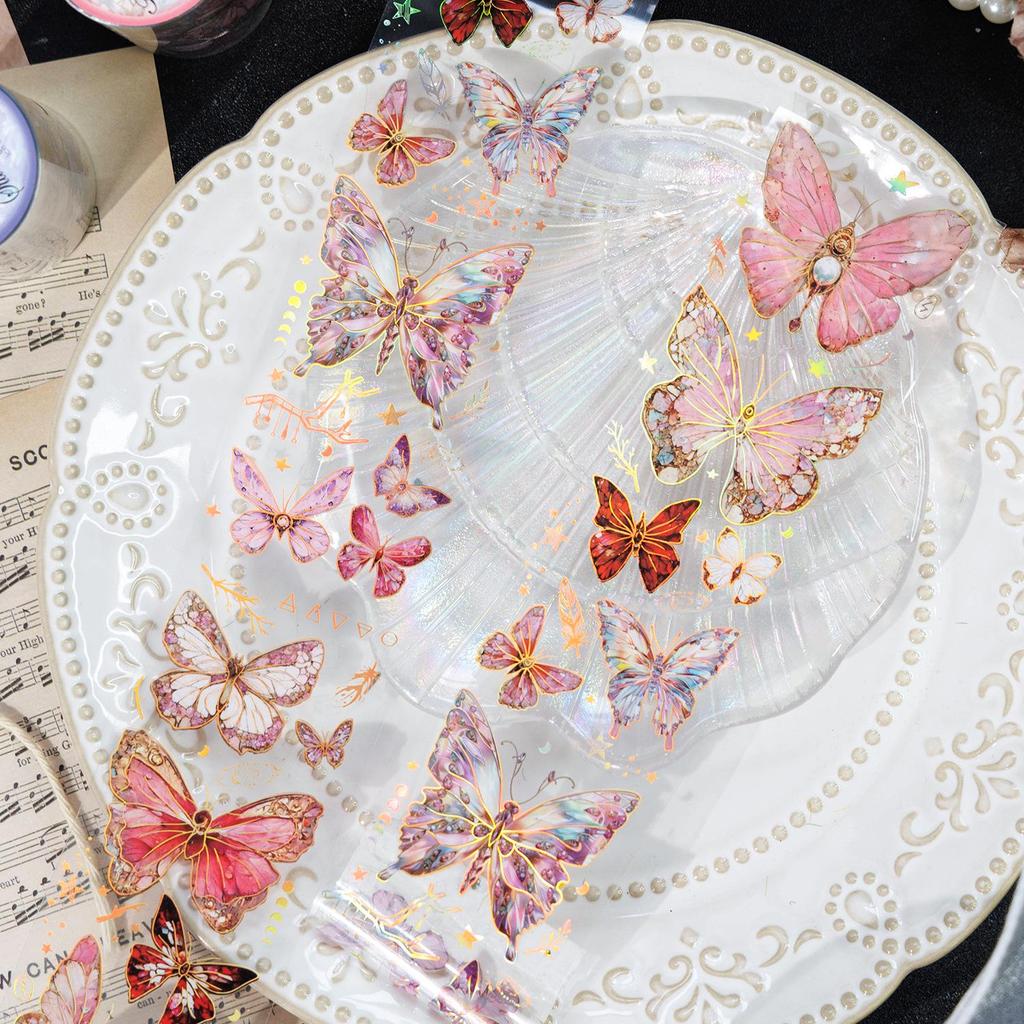 Gugu Forest Ice Crystal Butterfly PET Tape Series - Single Roll Decorative Stickers (4 Designs)