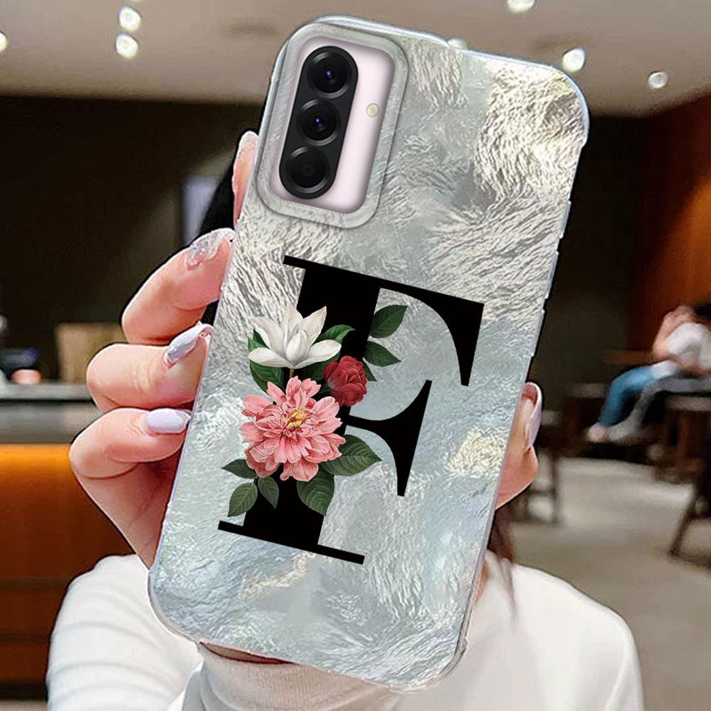 Black A-Z Letter Flower Laser Gradient For Samsung Galaxy A16 A36 A56 Phone Cases Cover Silicone Clear Soft Protect Back Bumper Hard PC Back Cover