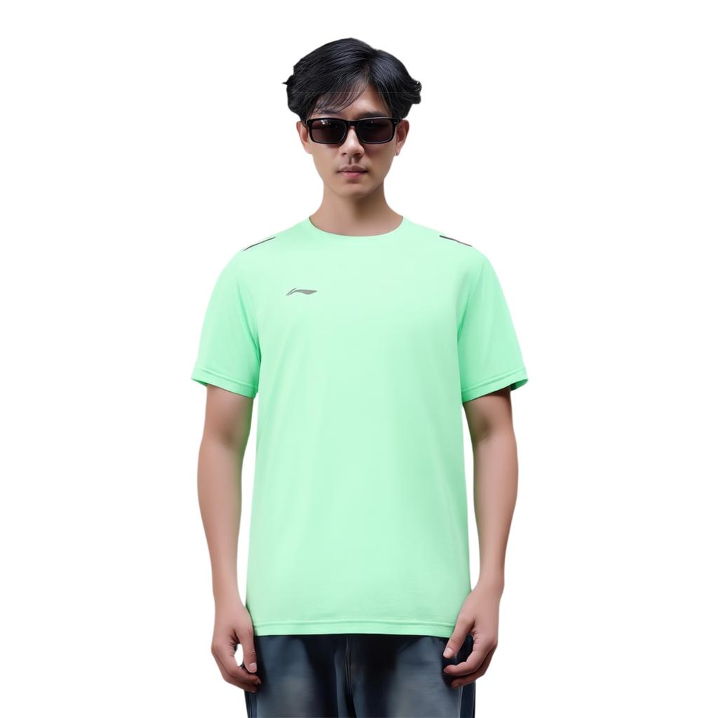 Li Ning Running Series Solid Color Logo Round Neck Comfortable Breathable Short Sleeve T-Shirt Men Tops Cool-Green ATSU551-2