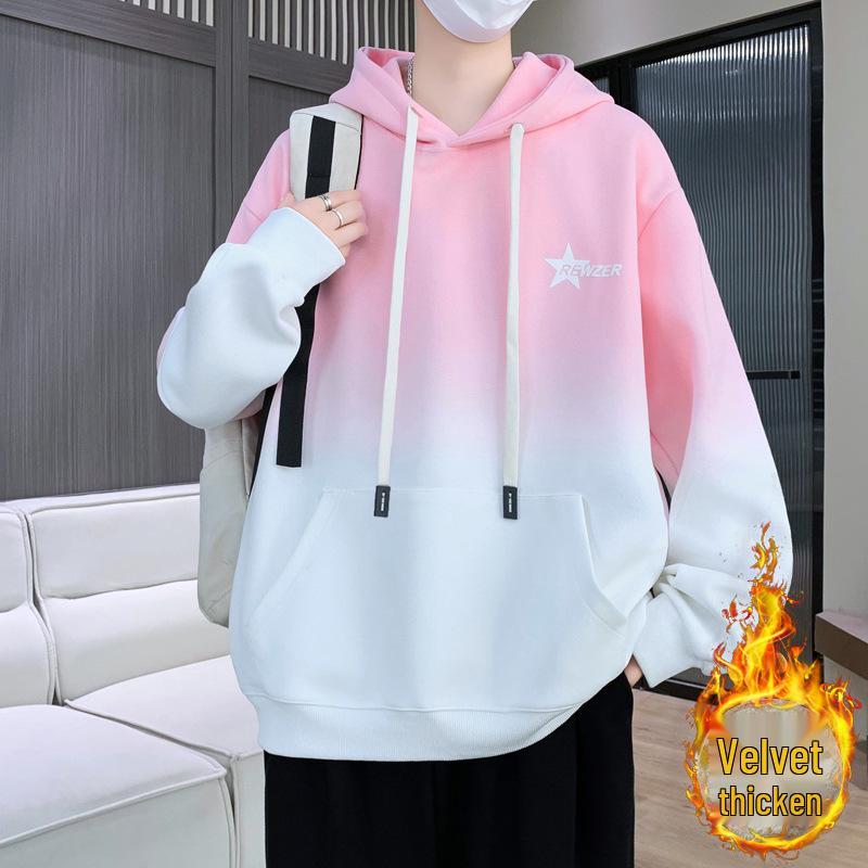 Men's Fleece-Lined Gradient Crew Neck Long-Sleeve T-Shirt: Loose, Casual, Trendy Style for Teenagers—Perfect for Autumn and Winter.