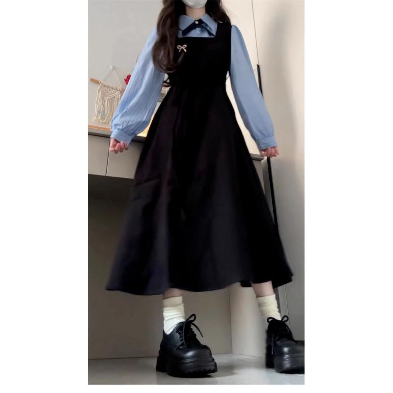 New black fake two-piece long-sleeved dress, small women's clothing, early autumn wear long dress