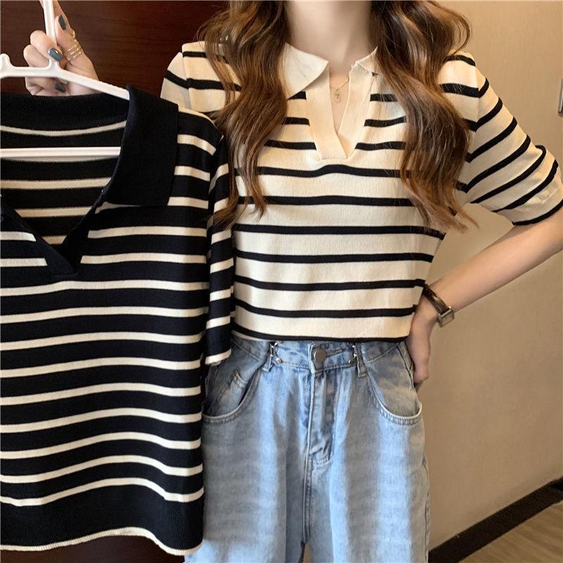 Womens Striped Knit Top With Contrast Collar Slim Fit Short Sleeve Tee