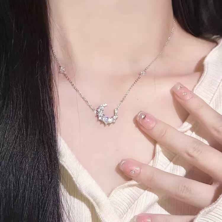 Real Gold Plated Nickel Silver Star and Moon Necklace - Elegant Luxury Design for Women