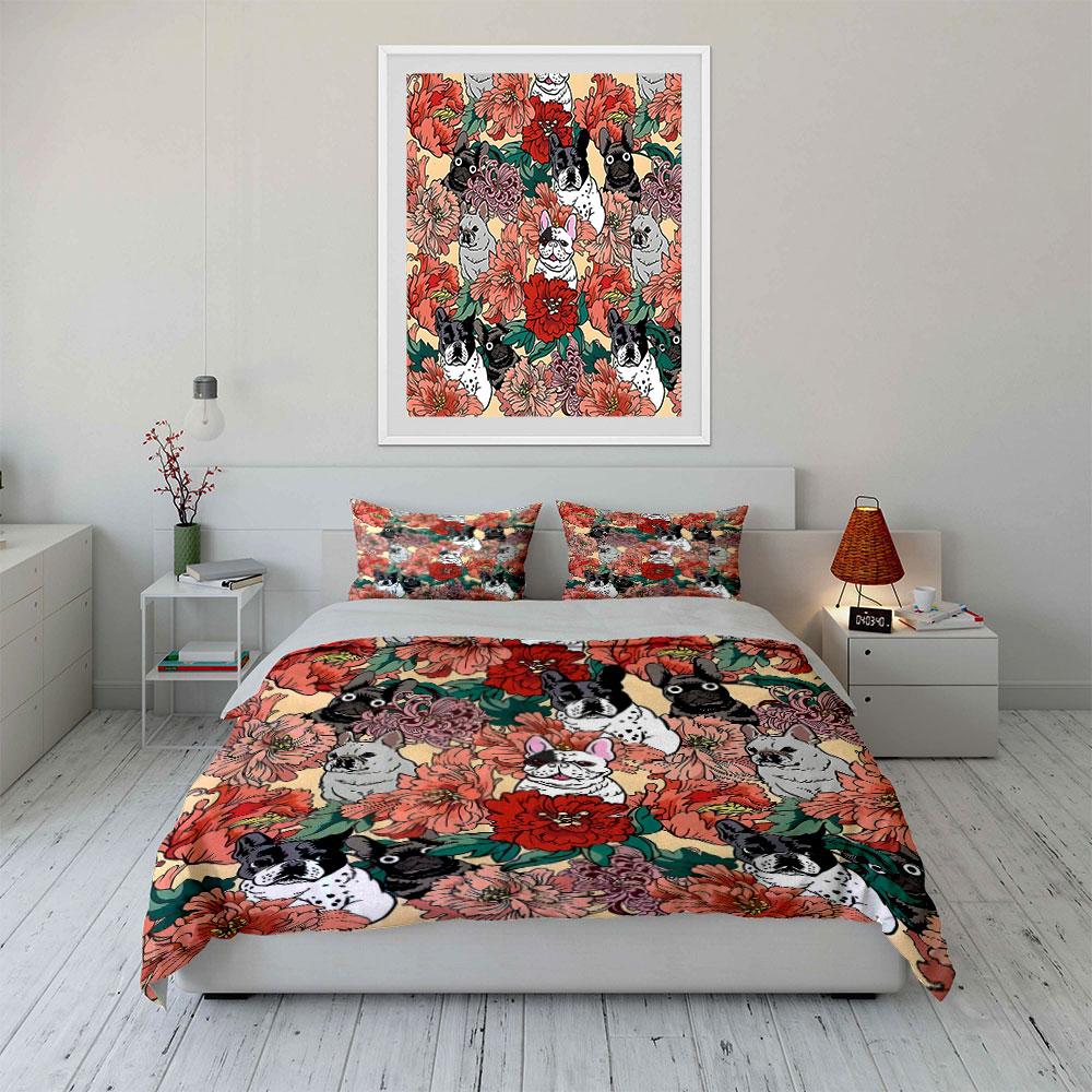 French Bulldogs And Floral Patterns Duvet Cover Set With 3D Printing Design Soft Polyester Bedding Set All-Season Comfort