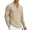Loose-fit, breathable men’s casual linen shirt with a wide V-neck and a stand-up collar, ideal for outdoor wear